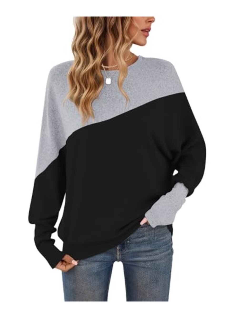 Womens Long Sleeve Color Block Tunic Top Oversized Knit Pullover